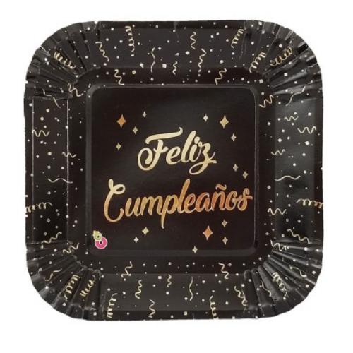 FESTCOPACK PLATO FELIZ CUMPLE NEGRO HOLOGRAFICO *8 UND. UNI